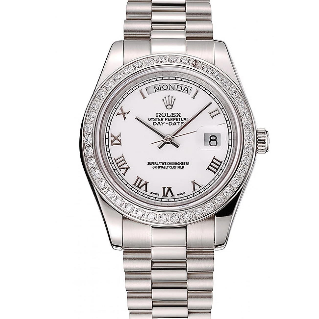 Aaa replica watch Stainless 1453967 White Day-Date Bracelet Rolex Case Steel Diamond Swiss Dial 0804